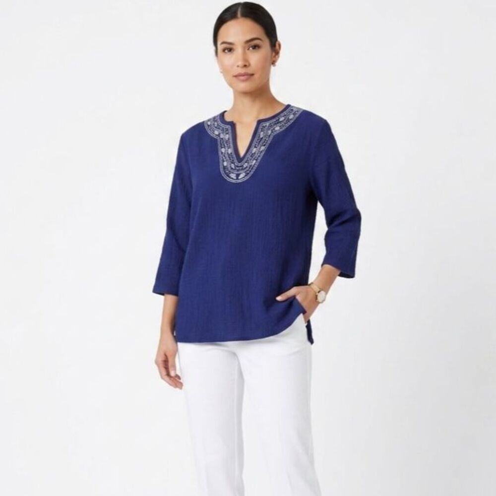 Cathy Daniels NWOT Navy Crinkle White Embroidery V-Neck 3/4 Sleeve Tunic Sz 3X
